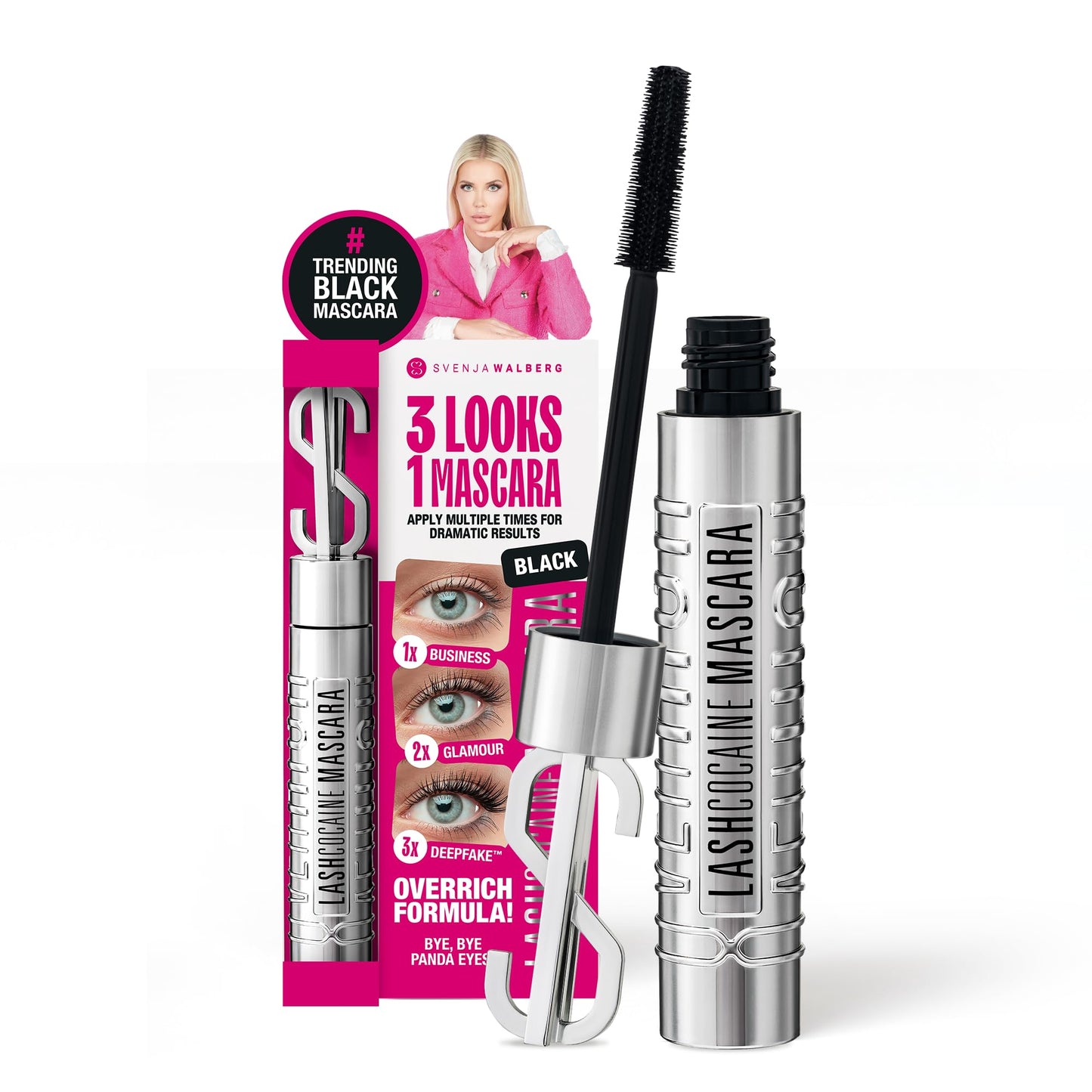 LASHCOCAINE OVERRICH MASCARA – NEW 3LOOKS Technology – Wimperntusche unterstützt natürliches Wimpernwachtum - TRENDING BLACK Mascara by Svenja Walberg - WISCHFEST - VEGAN - MADE IN GERMANY