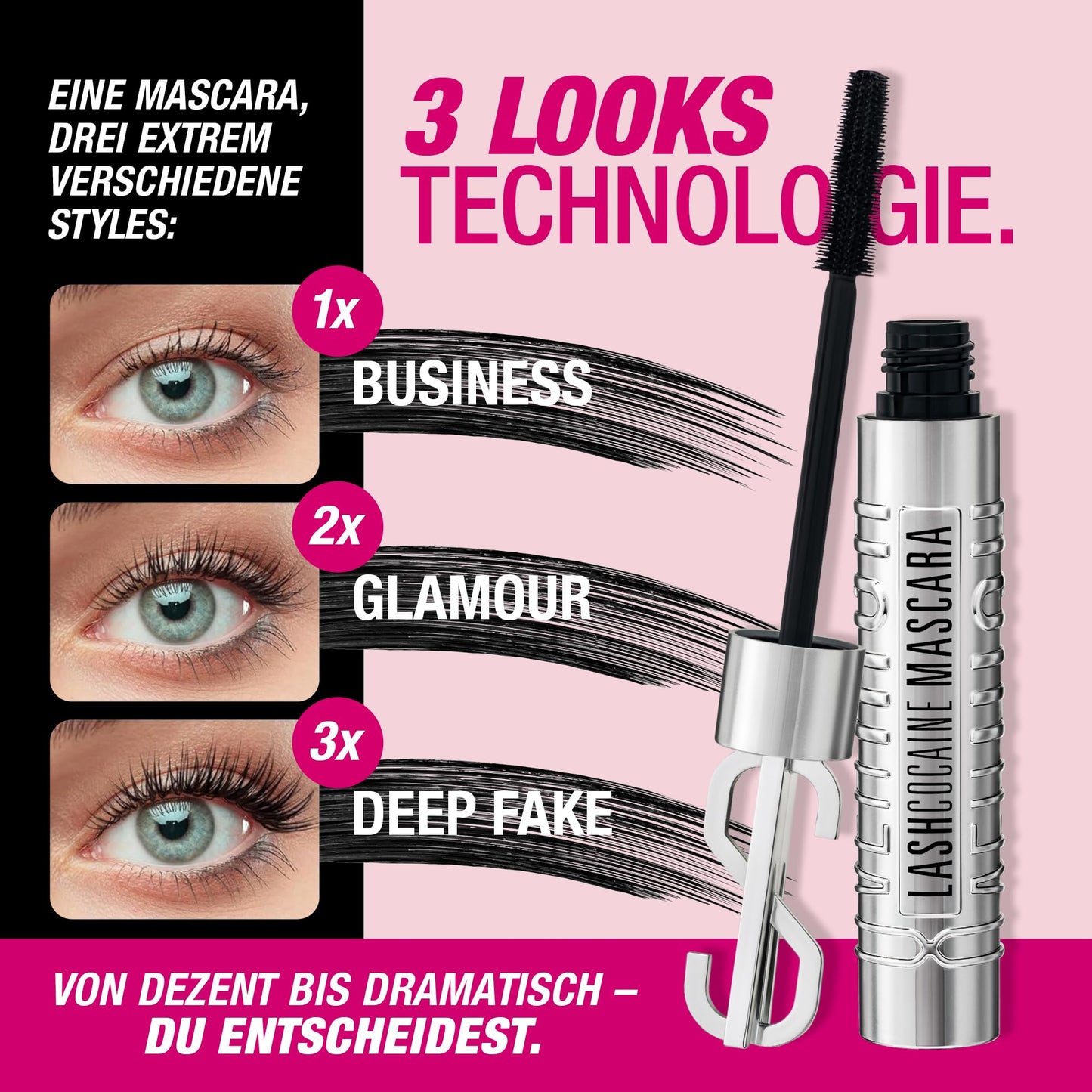 LASHCOCAINE OVERRICH MASCARA – NEW 3LOOKS Technology – Wimperntusche unterstützt natürliches Wimpernwachtum - TRENDING BLACK Mascara by Svenja Walberg - WISCHFEST - VEGAN - MADE IN GERMANY