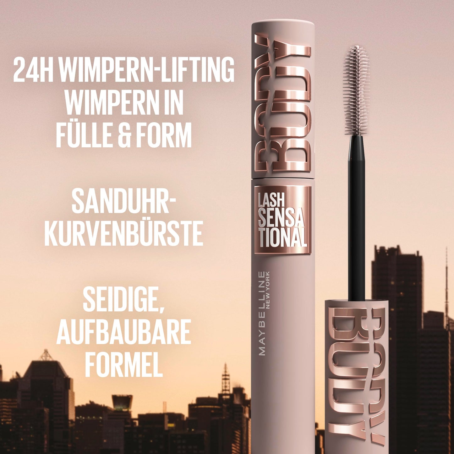 Maybelline New York Lash Sensational Body Mascara, Wimperntusche, Volumenmascara für 24H Wimpern-Lifting und 12x Volumen, mit Sanduhr-Kurven Bürste und Tonerde ohne Verklumpen, Schwarz, 9,5 ml